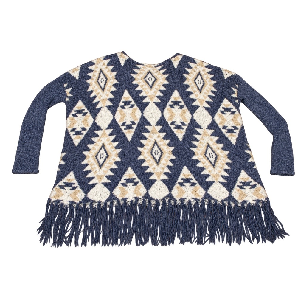Tea n Rose Geometric Fringe Knit Cardigan Wool OS Navy Blue Boho Aztec Western